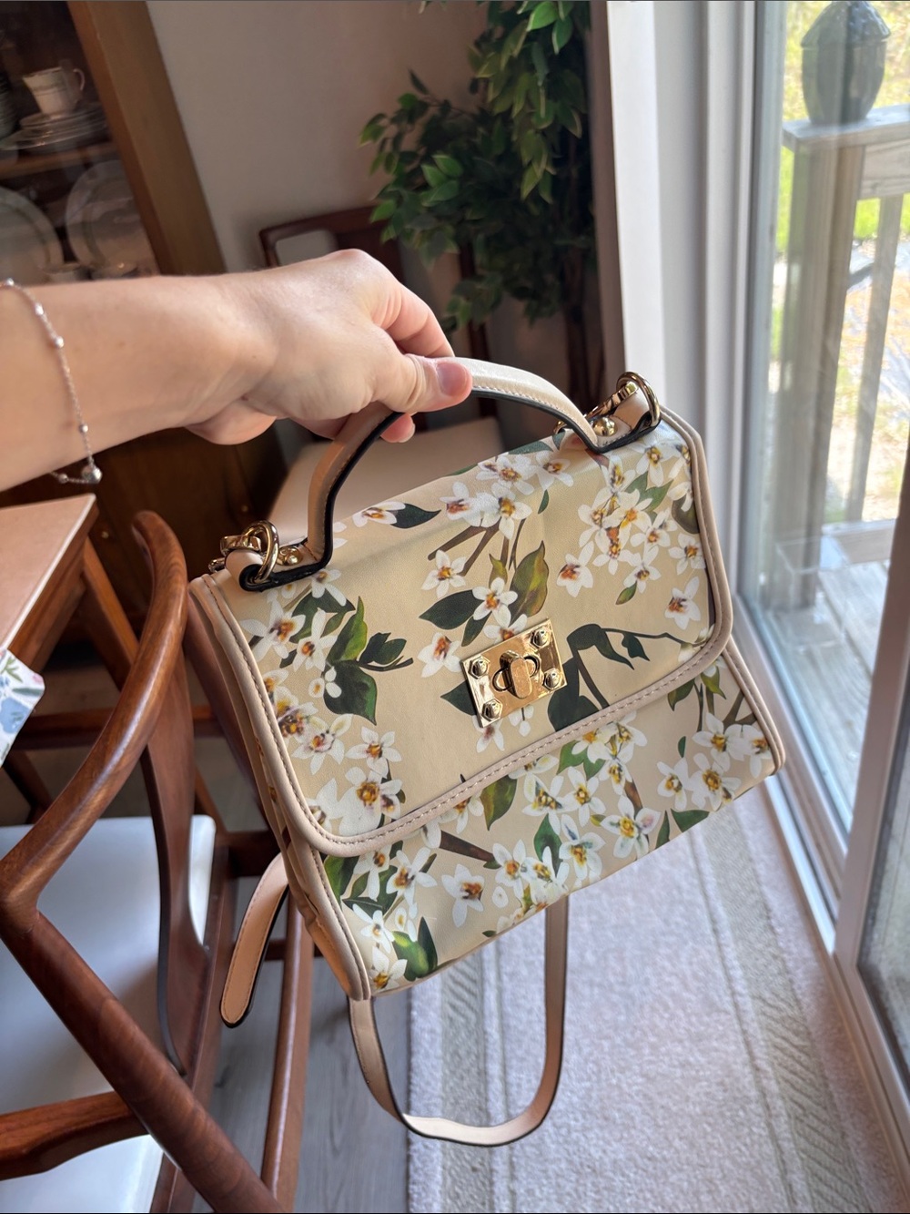 Floral Top-Handle Satchel in Cream
